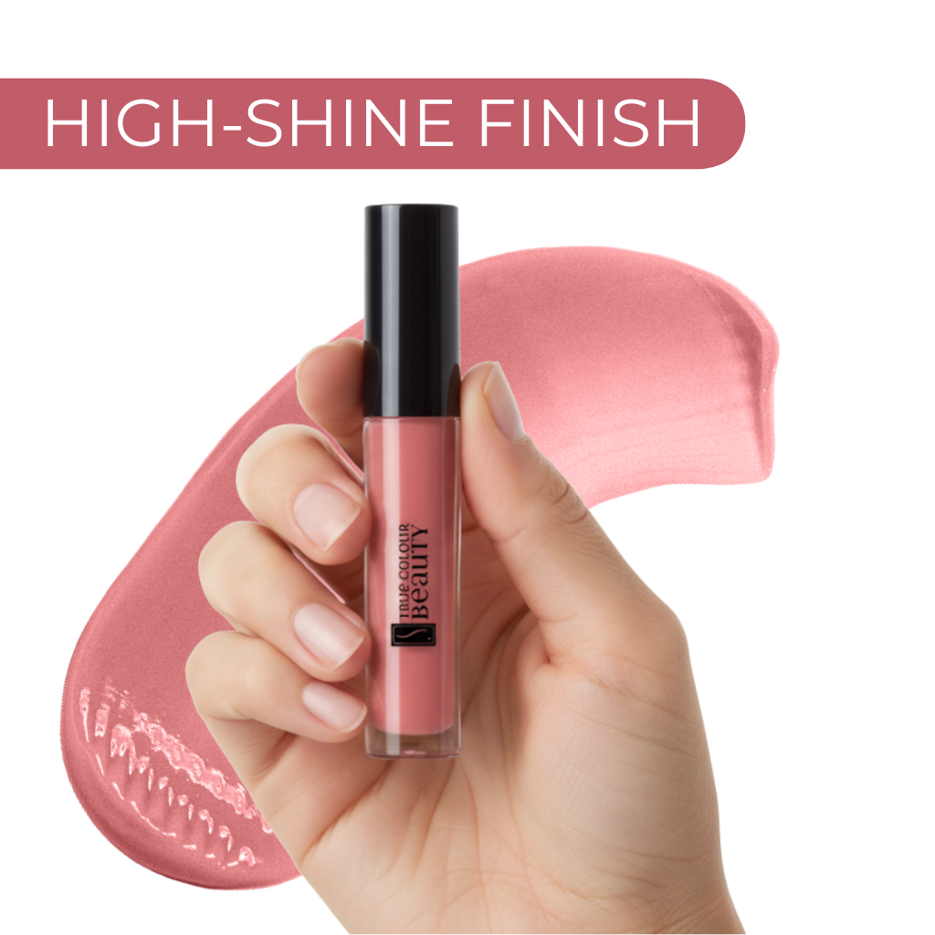 Lip gloss held by a hand with a pink background and 'High-Shine Finish' text.