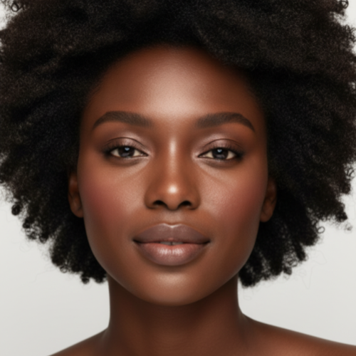 Close-up of a woman with a natural hairstyle on a plain background