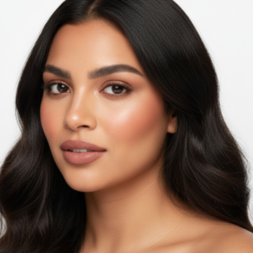 Woman with long, dark hair on a plain background