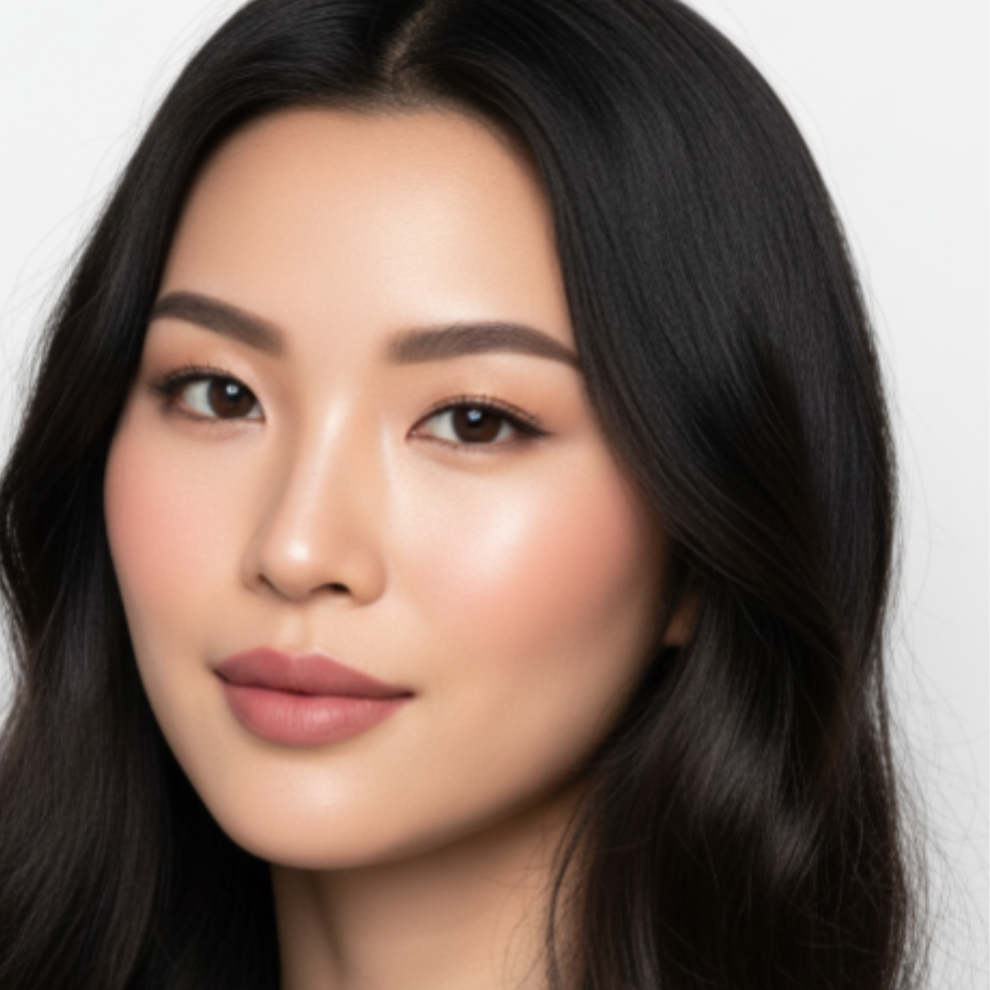 Close-up of a person with long dark hair on a plain background