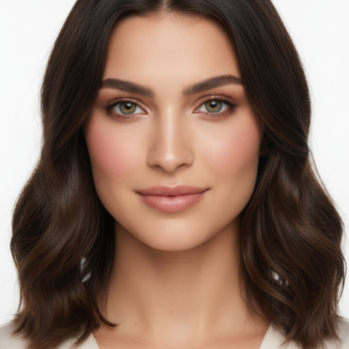 Close-up of a woman with wavy brown hair on a white background