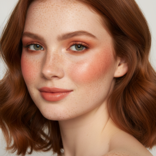 Close-up of a person with red hair and freckles on a plain background