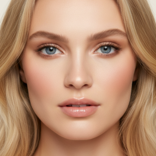 Close-up of a person with blonde hair and blue eyes.