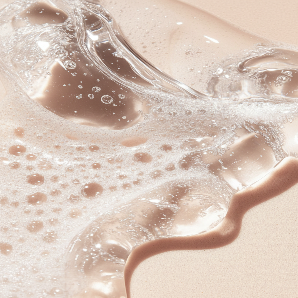 Close-up of a skincare product with foam and droplets on a beige background
