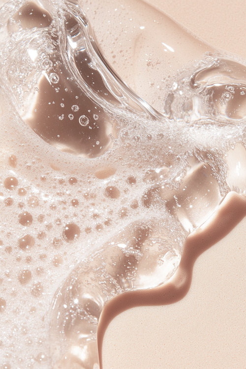 Close-up of a skincare product with foam and droplets on a beige background
