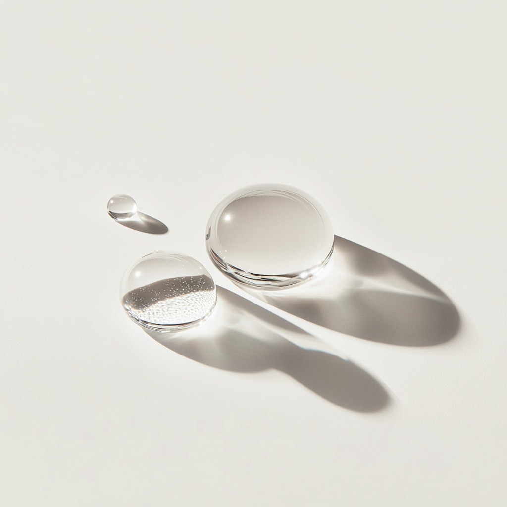 Clear droplets on a light gray background