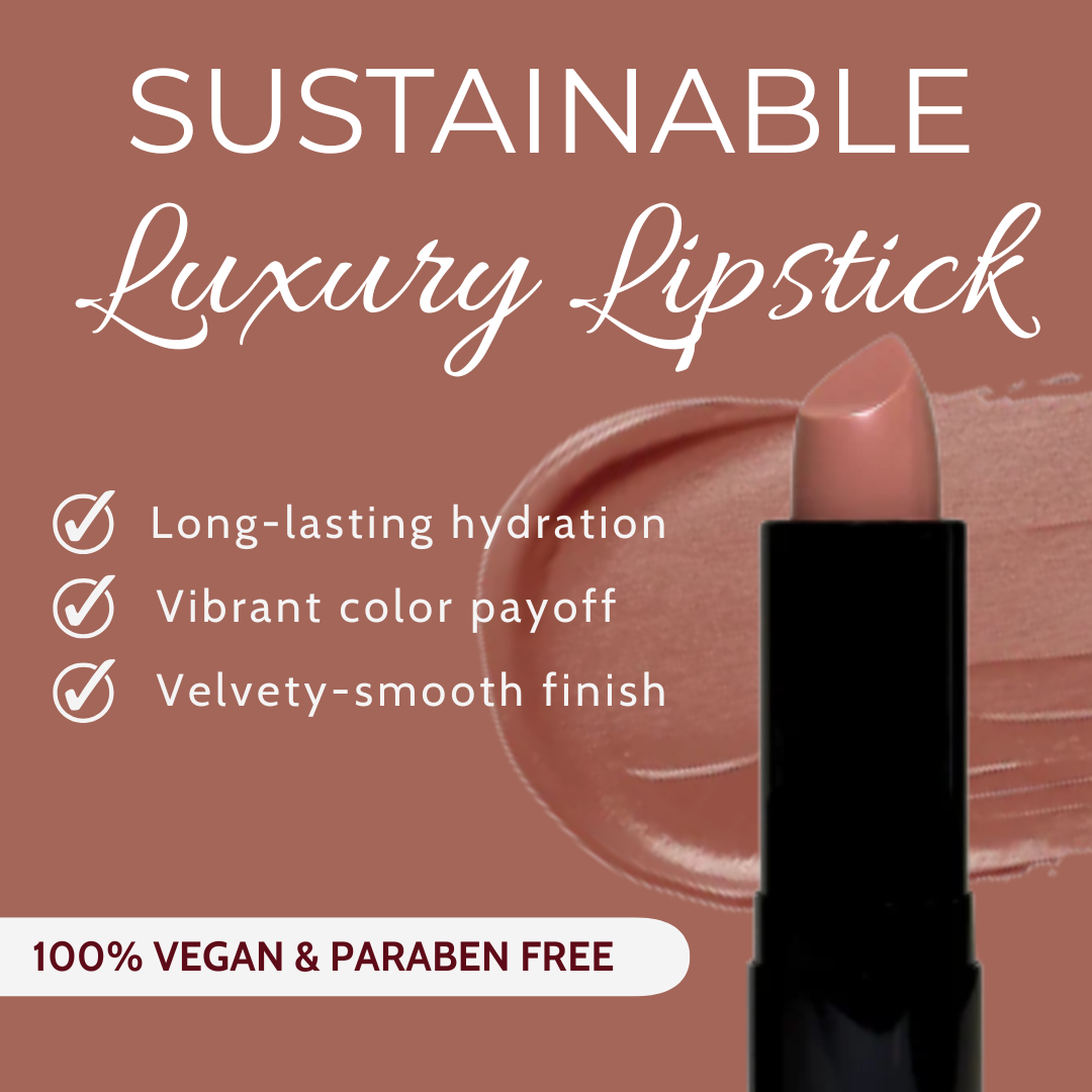 Lipstick with text highlighting sustainable features on a brown background