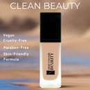 Foundation bottle with 'True Colour Beauty' branding on a blurred natural background, featuring text about product attributes.