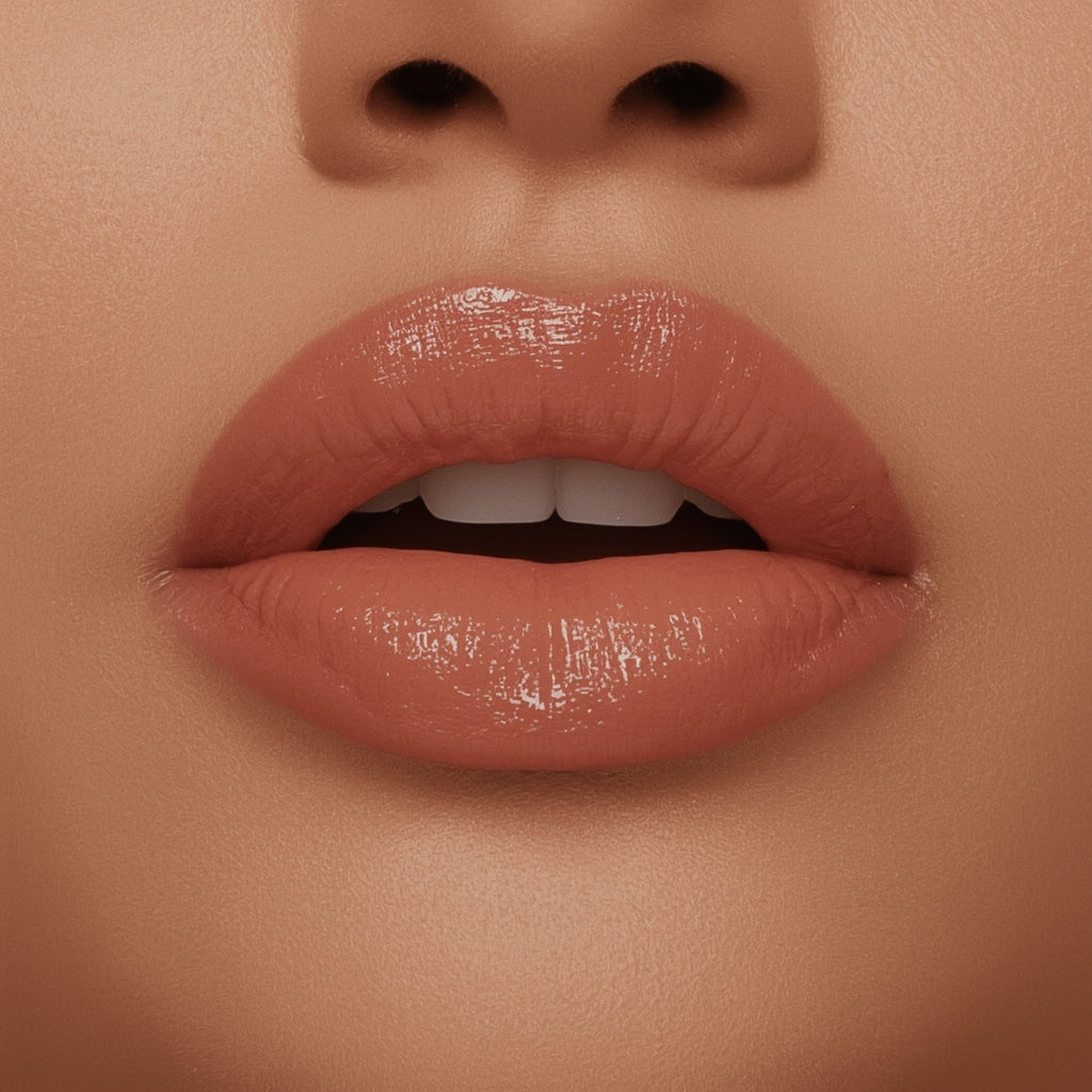Close-up of a person's lips with a glossy lip color on a matching skin tone background