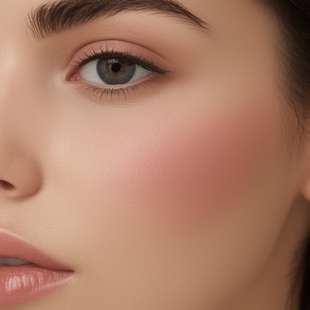 Close-up of a woman's face with pink blush on cheeks