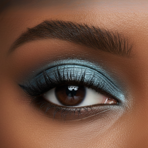 Close-up of a brown eye with blue eyeshadow