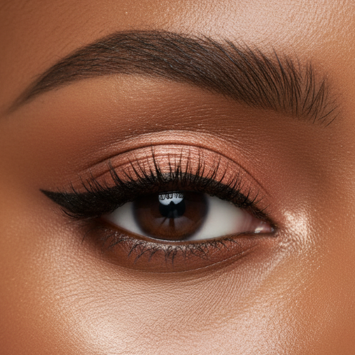 Close-up of a woman's eye with brown makeup and black eyeliner.