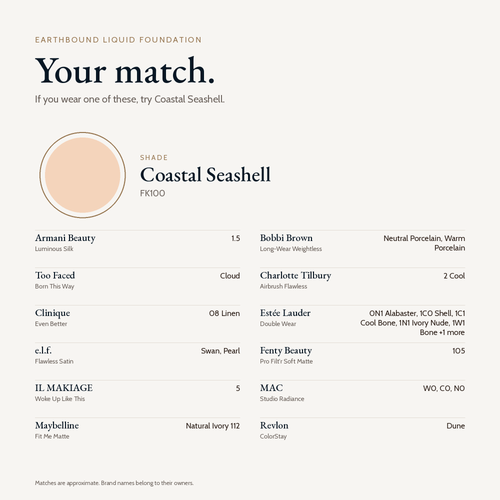 Earthbound Liquid Foundation shade match card for Coastal Seashell FK100. Similar shades include Fenty Beauty 105, MAC W0, C0 and N0, Estée Lauder Double Wear 0N1 Alabaster and 1C0 Shell, Maybelline Fit Me Natural Ivory 112 and Clinique 08 Linen.