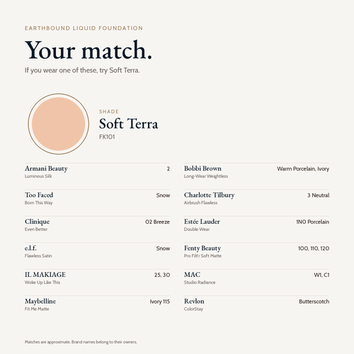 Earthbound Liquid Foundation shade match card for Soft Terra FK101. Similar shades include Fenty Beauty 100, 110 and 120, MAC W1 and C1, Estée Lauder Double Wear 1N0 Porcelain, Maybelline Fit Me Ivory 115 and Clinique 02 Breeze.