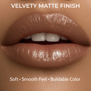 Close-up of lips with a velvety matte finish lip color, text indicating soft, smooth feel, and buildable color.