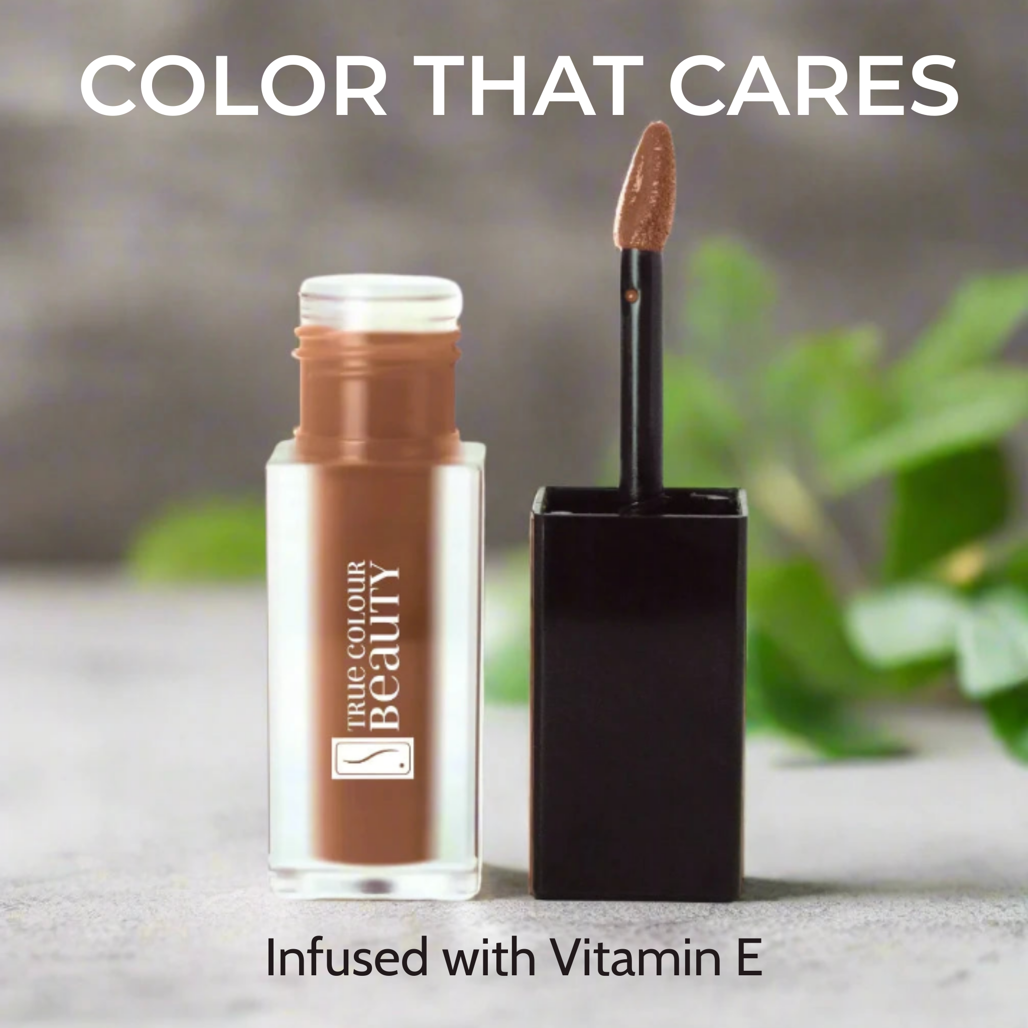 Cosmetic bottle and applicator with 'true colour beauty' branding on a neutral background.