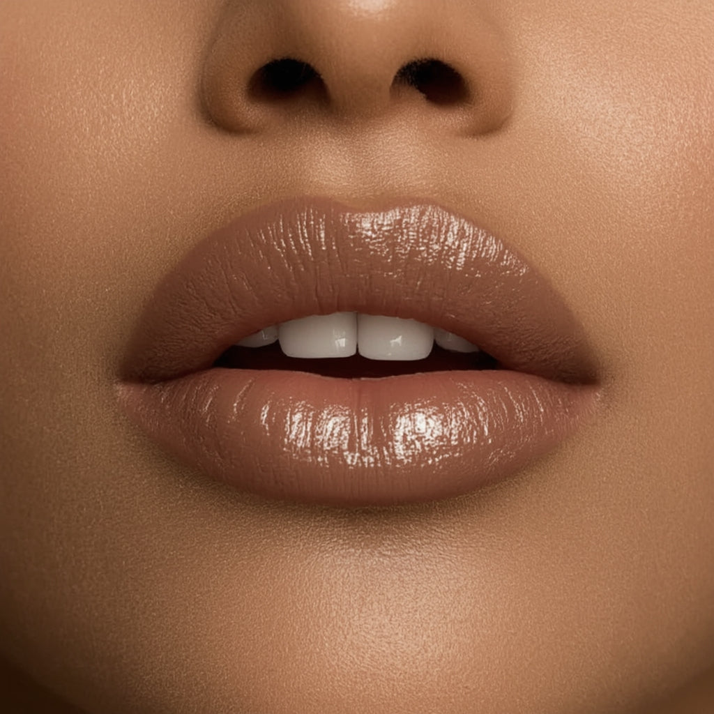 Close-up of a person's lips with a neutral background