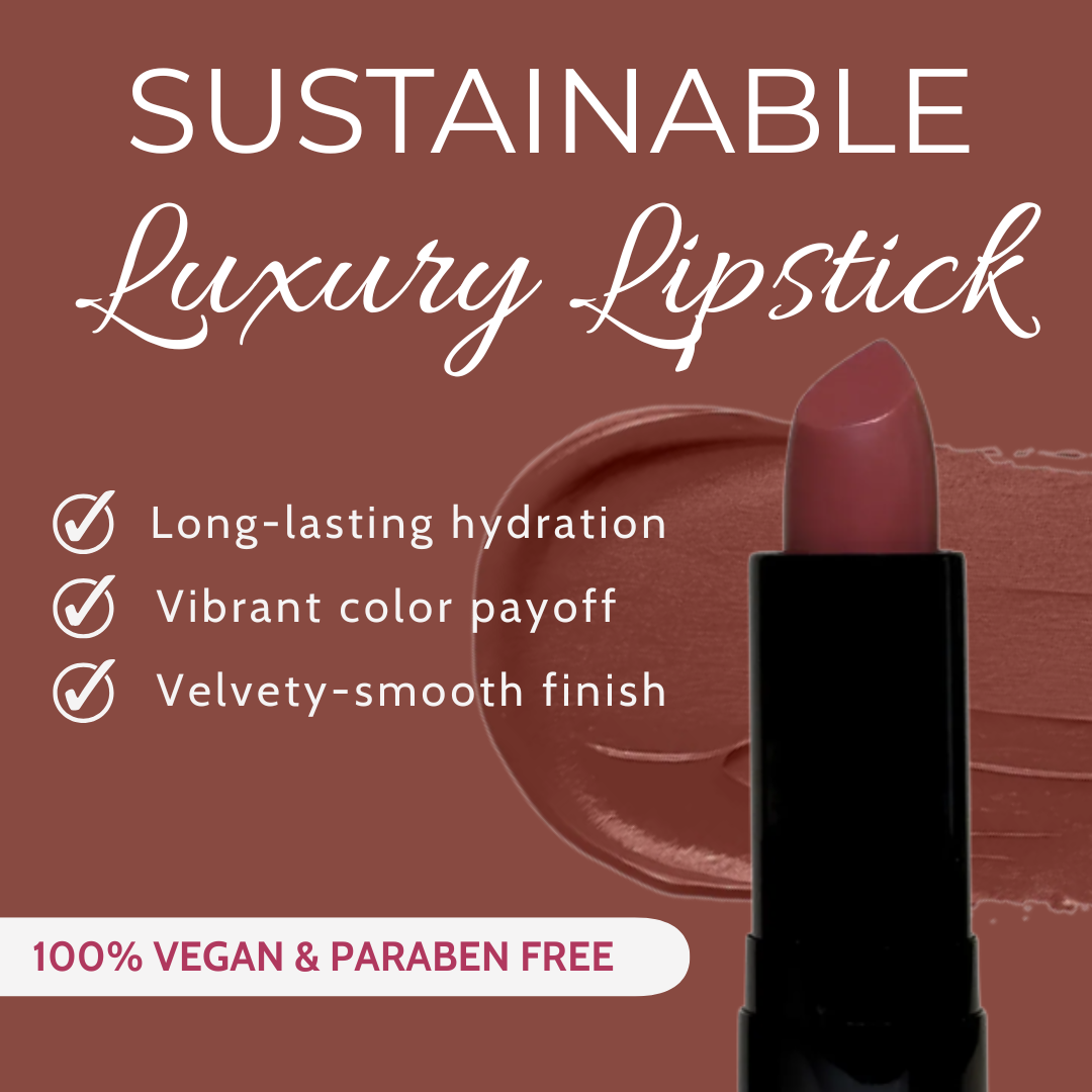 Sustainable luxury lipstick with product and features on a brown background