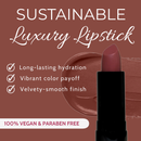 Sustainable luxury lipstick with product and features on a brown background