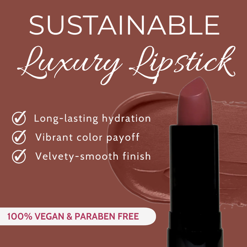 Sustainable luxury lipstick with product and features on a brown background