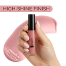 Lip gloss held by a hand with 'High-Shine Finish' text above