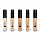 Five bottles of concealer with black lids on a white background