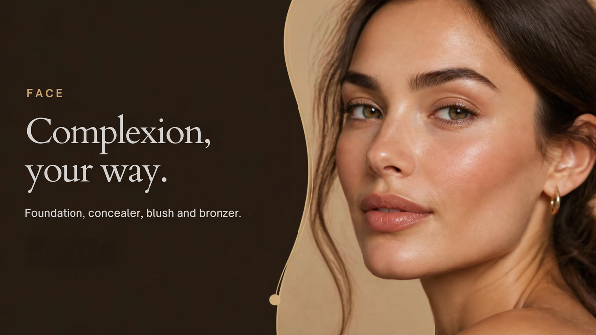 A close-up beauty ad showing a woman with warm, dewy complexion makeup