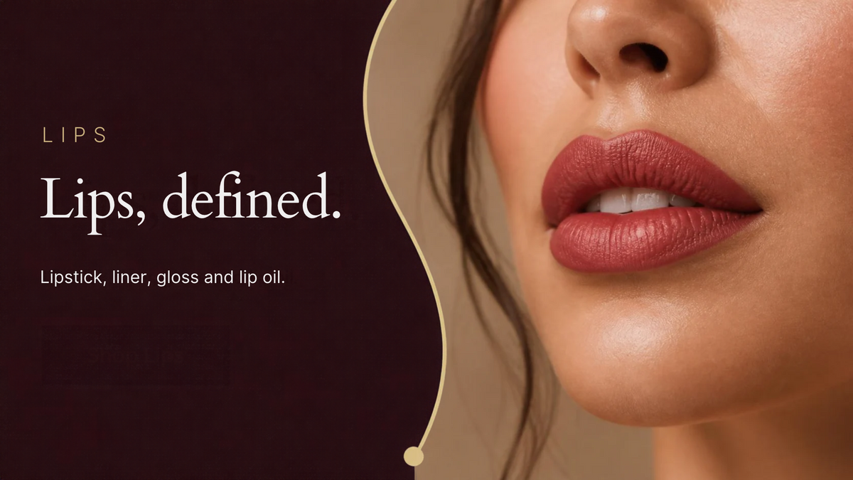 Close-up of a woman's lips wearing a matte dusty rose lipstick, with dark brown background.