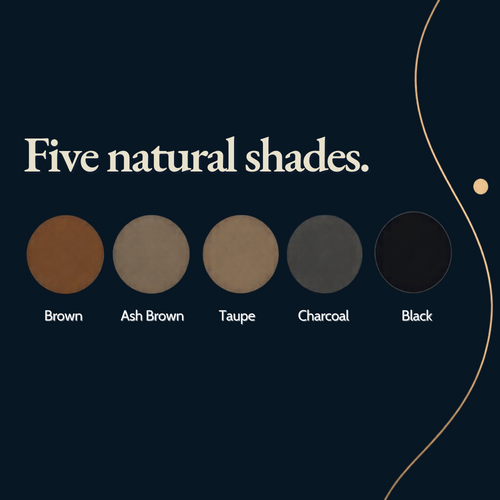 Five natural shades.' above five circular makeup color swatches labeled Brown, Ash Brown, Taupe, Charcoal, and Black.