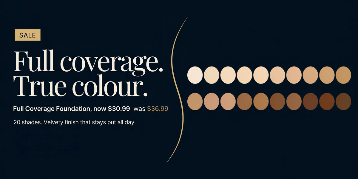 Promotional graphic for Full Coverage Foundation makeup showing a sale banner.