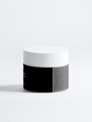 Cosmetic jar with a black label on a white background