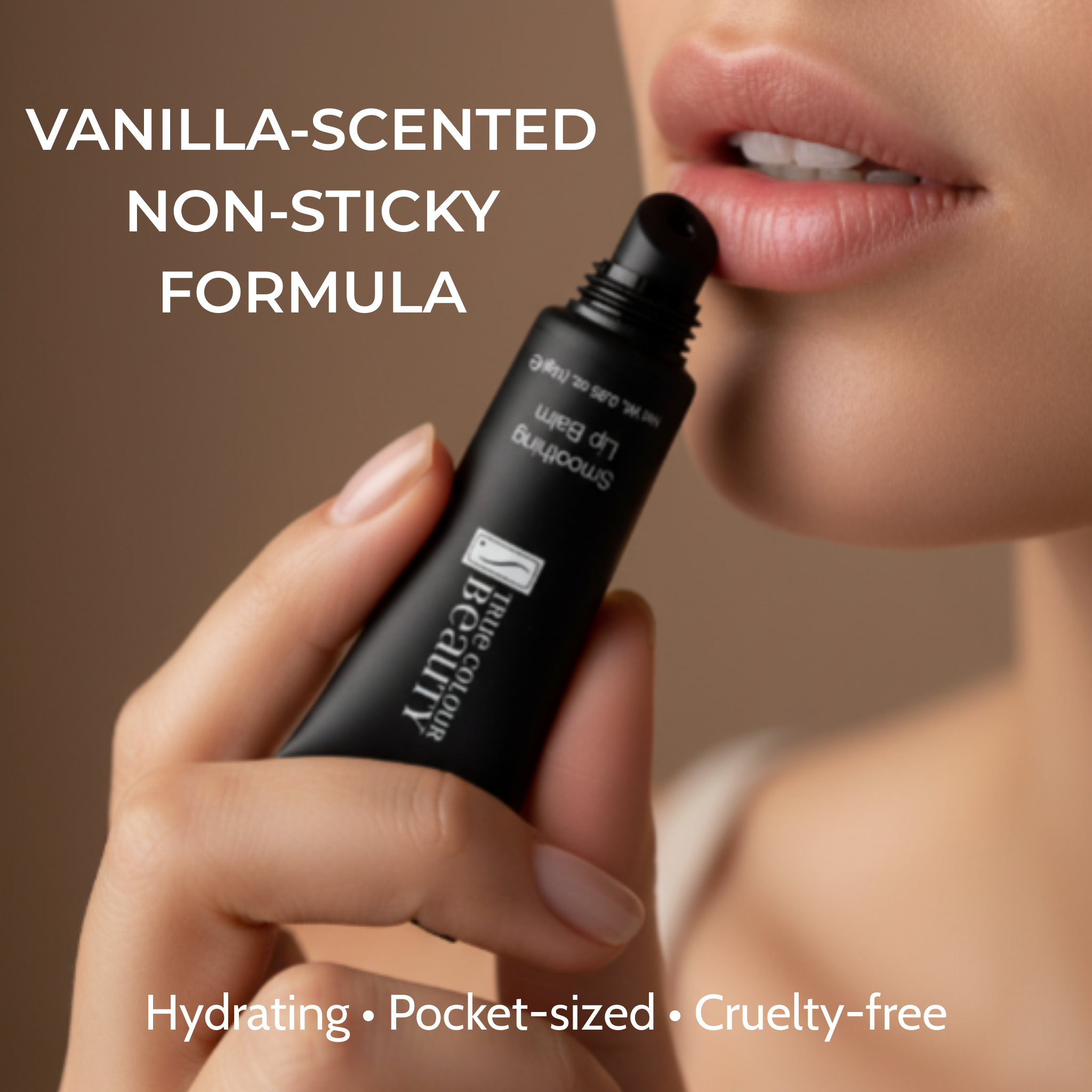 Lip balm being applied to lips with product details on a brown background