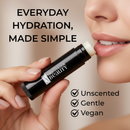 Lip balm being applied to lips with text about hydration and product features.