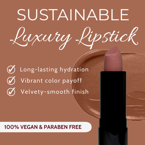 Luxury vegan and paraben free lipstick with vibrant color payoff on a brown background.