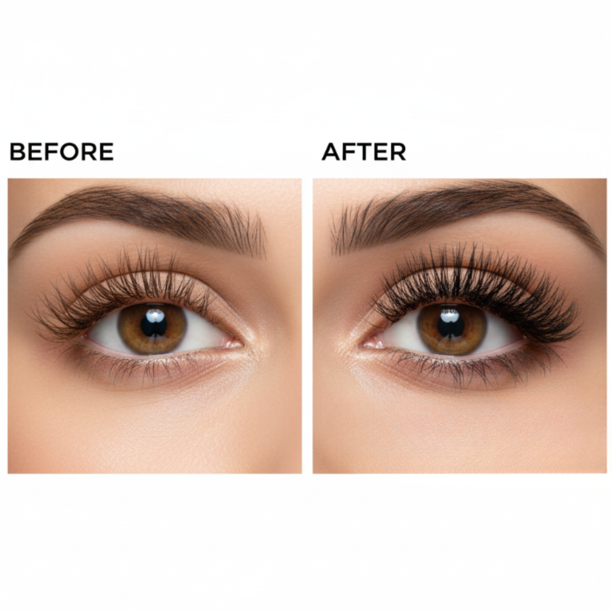 Before and after comparison of an eye with eyelash extensions on a white background