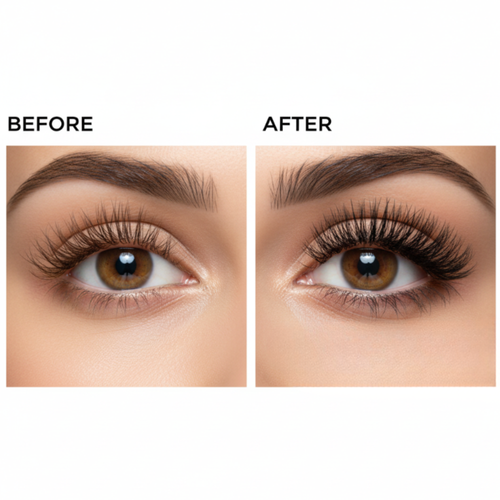 Before and after comparison of an eye with eyelash extensions on a white background