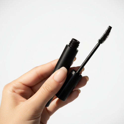 Hand holding a black mascara tube with brush on a white background