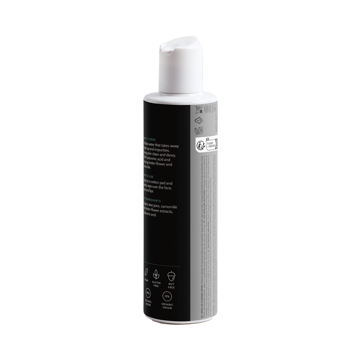 Micellar Cleansing Water bottle, back label with ingredients and directions