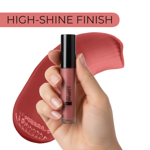 Lip gloss held by a hand with a pink background and 'High-Shine Finish' text.
