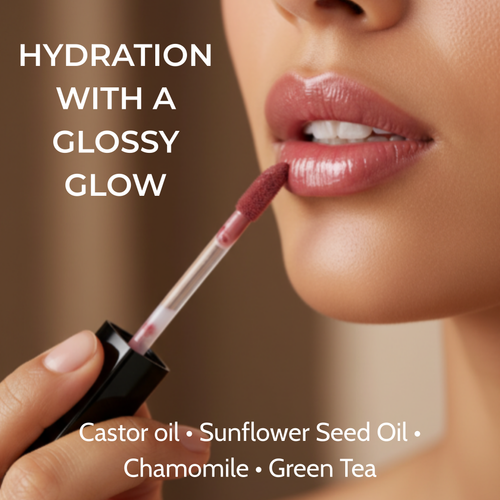 Lipstick being applied to lips with text about hydration and ingredients.