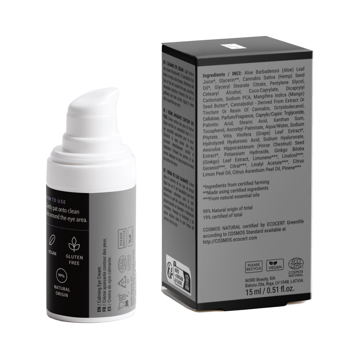 Calming Eye Cream, bottle and box, back view with ingredients and directions