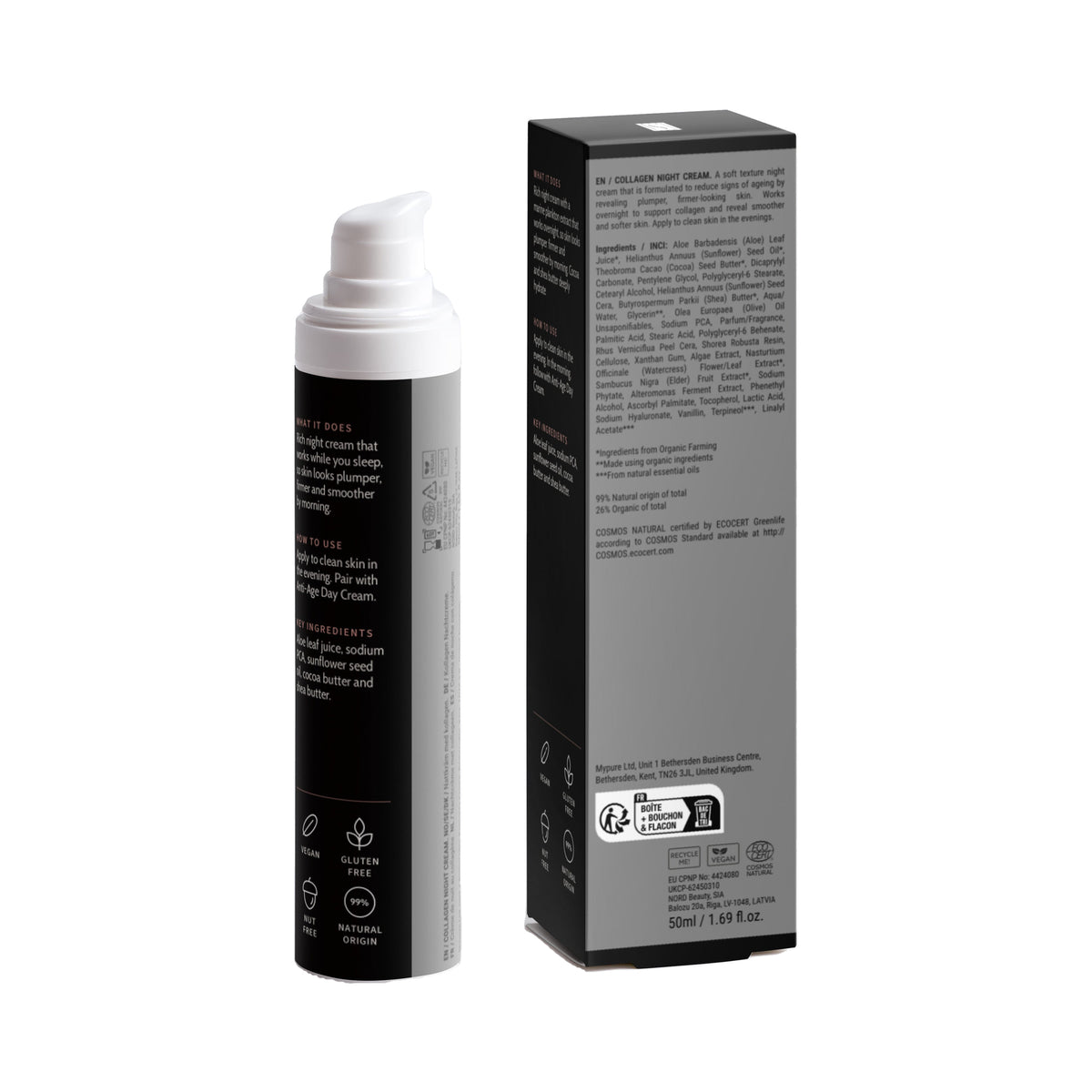 Anti-Age Night Cream, bottle and box, back view with ingredients and directions