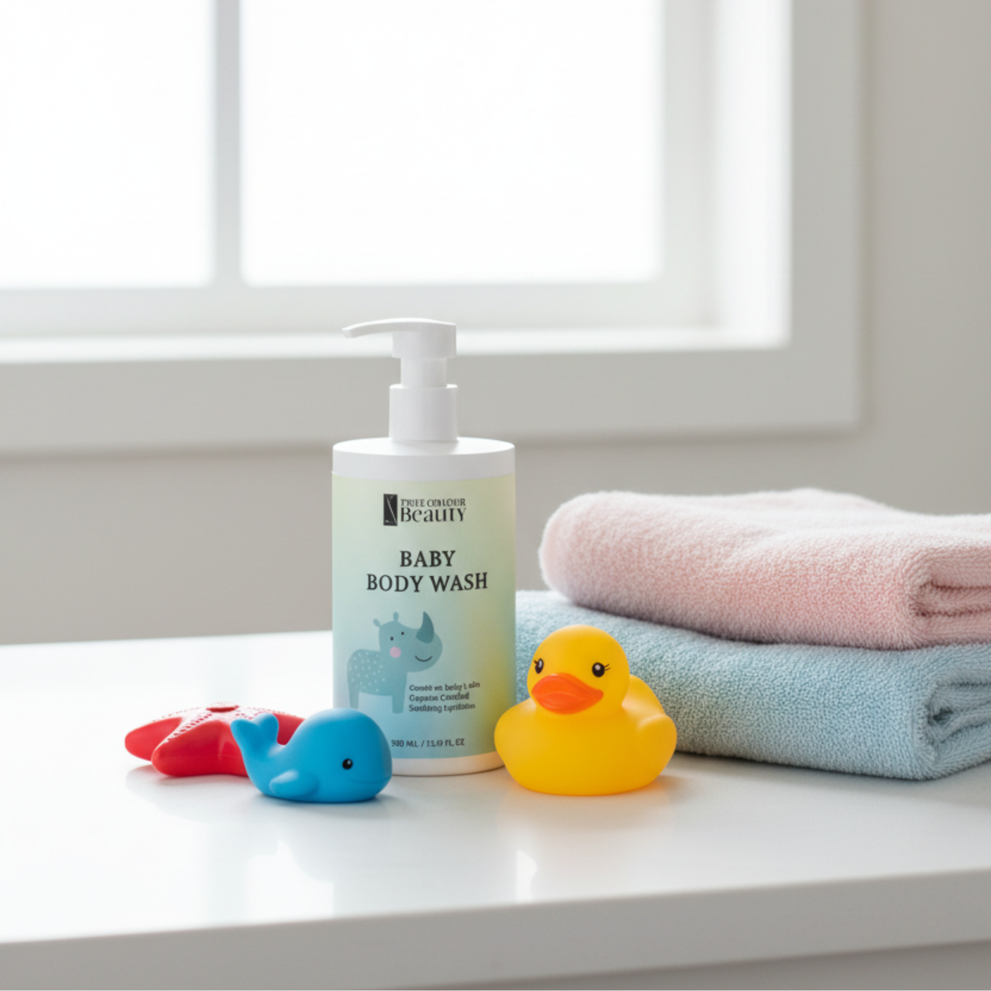 Baby body wash with towels and window