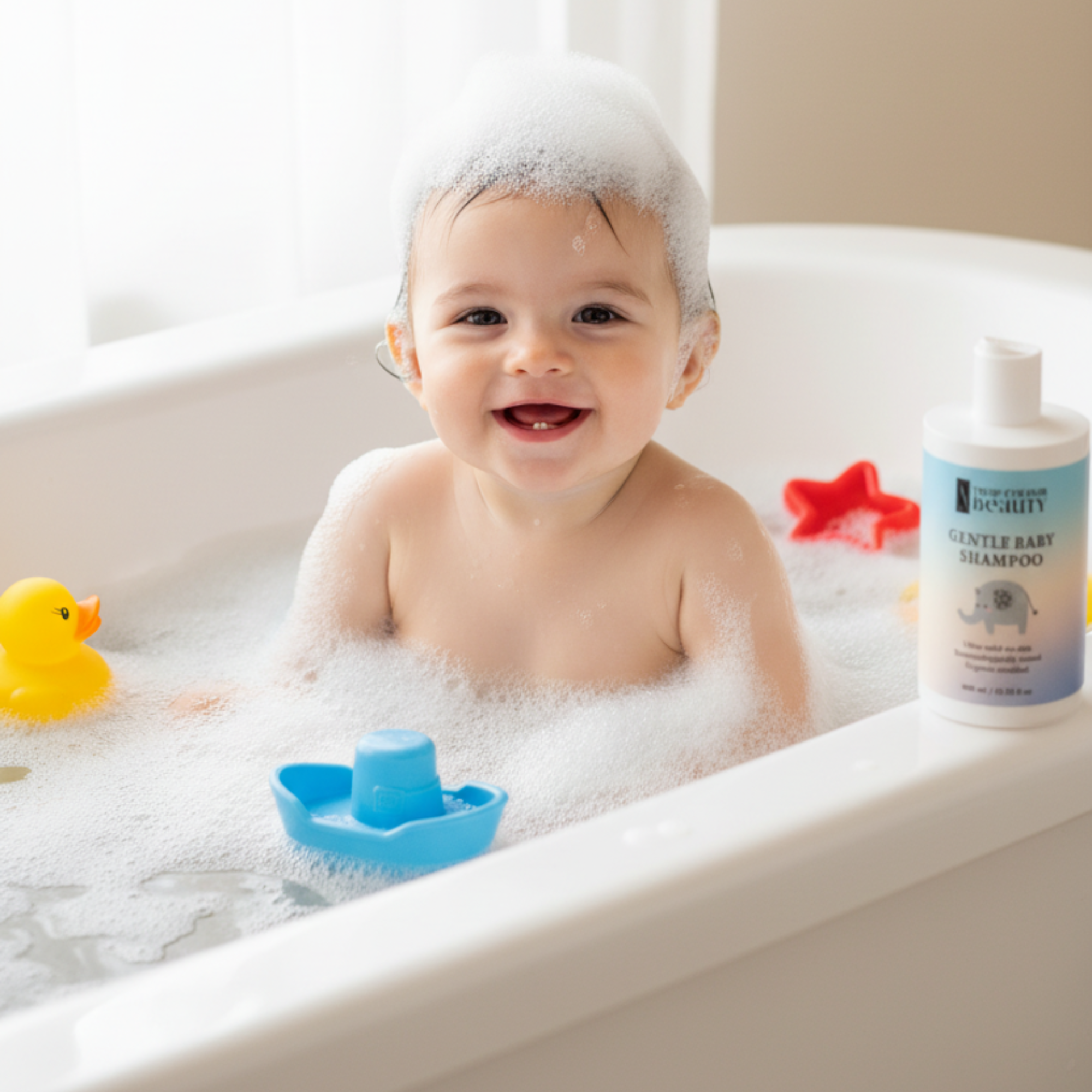 Baby in tub with toys and product