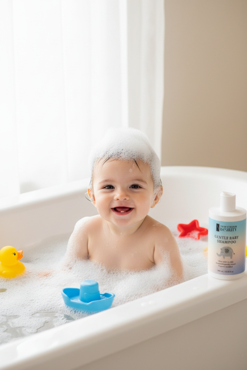 Baby in tub with toys and product