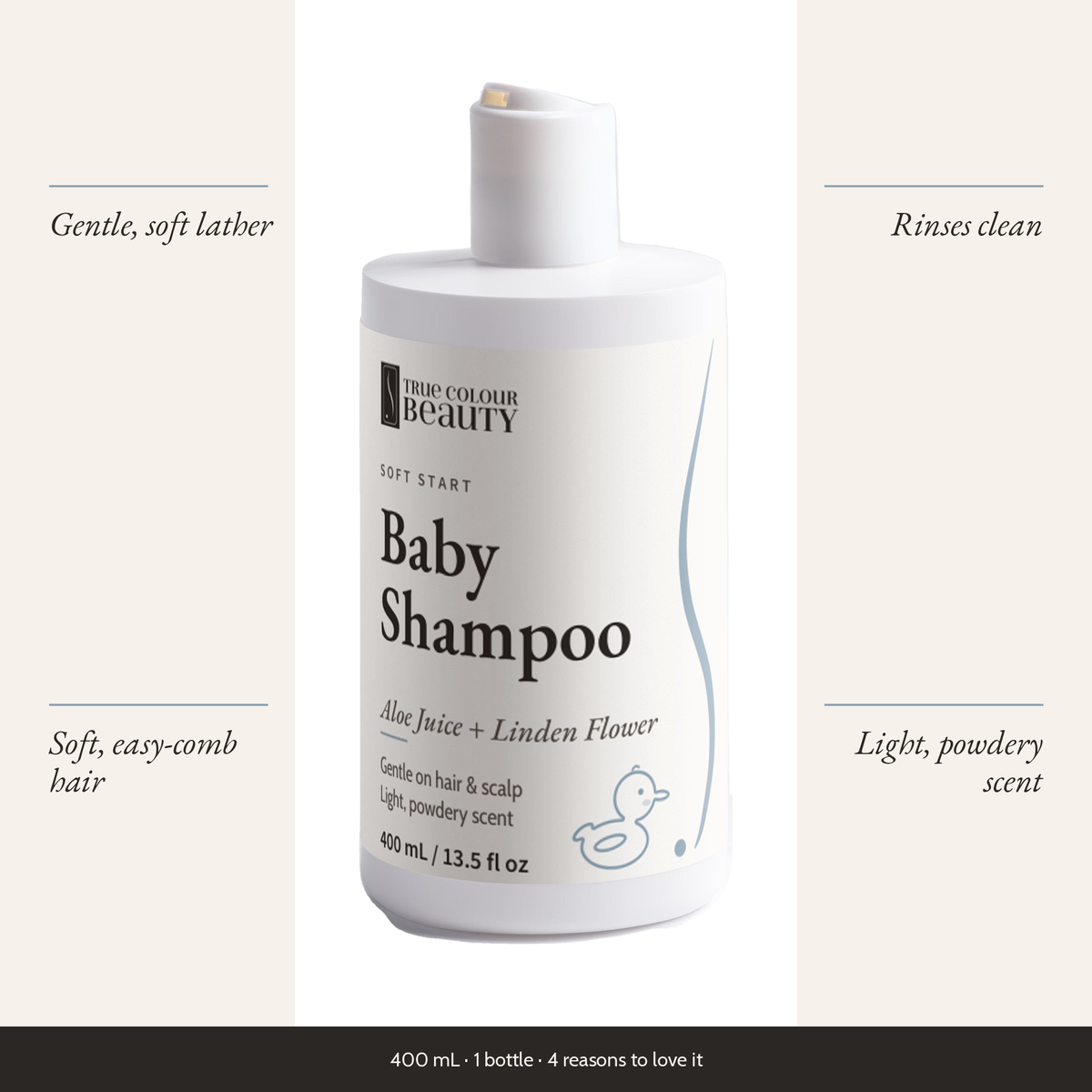 Soft Start Baby Shampoo bottle with four benefits: gentle soft lather, rinses clean, soft easy-comb hair, light powdery scent