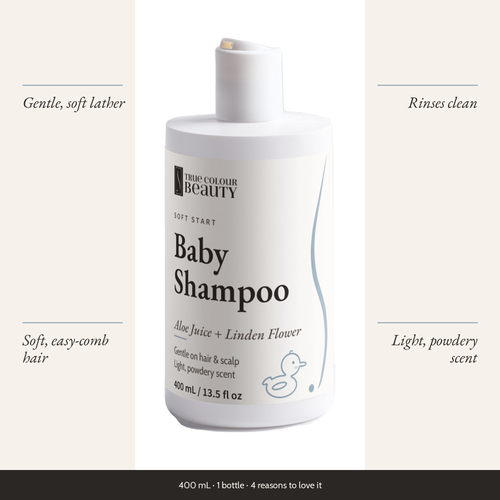 Soft Start Baby Shampoo bottle with four benefits: gentle soft lather, rinses clean, soft easy-comb hair, light powdery scent