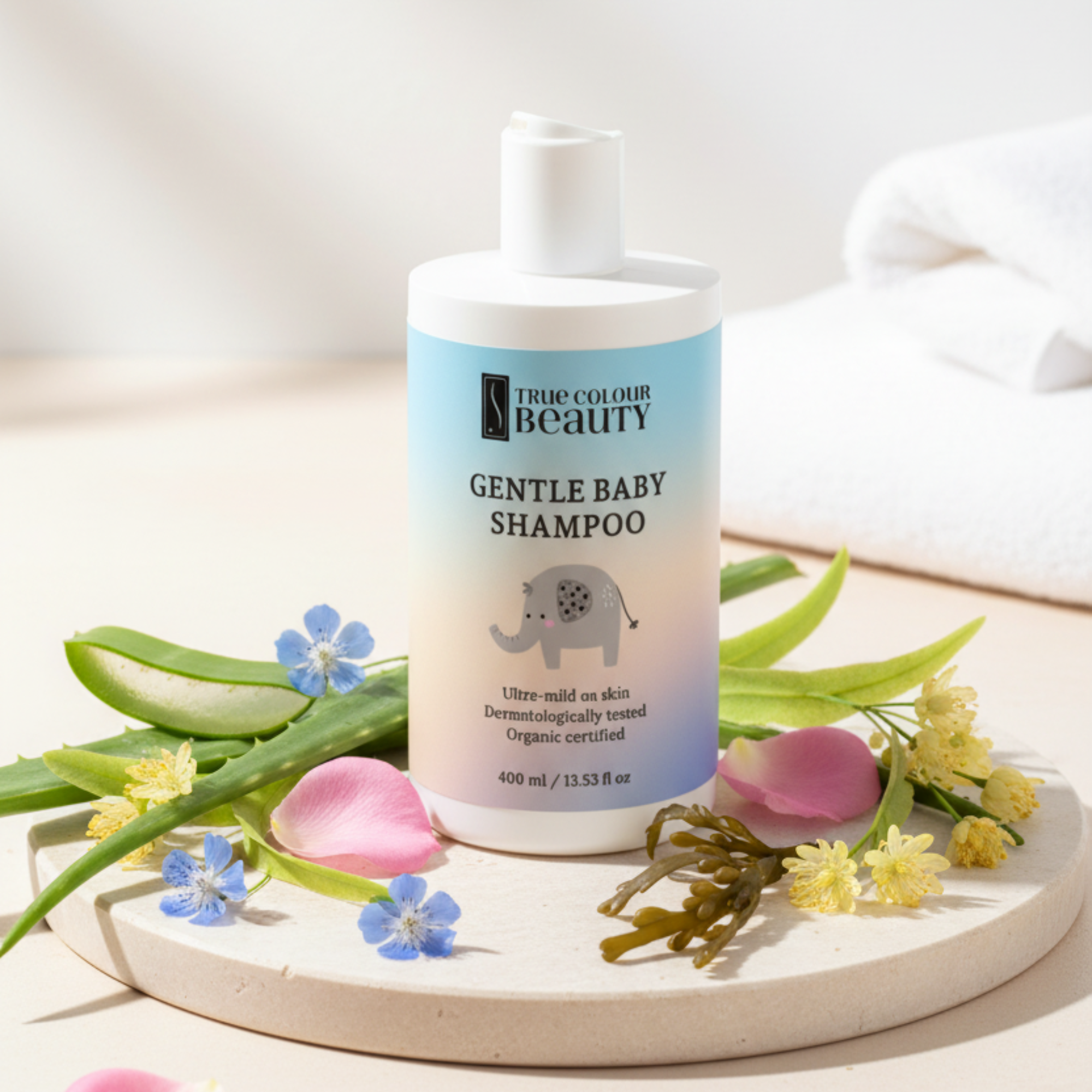 Baby shampoo ingredient shot with aloe, rose, linseed, linden, and seaweed