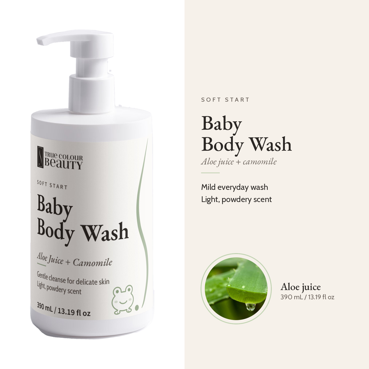 Soft Start Baby Body Wash bottle with its key ingredient