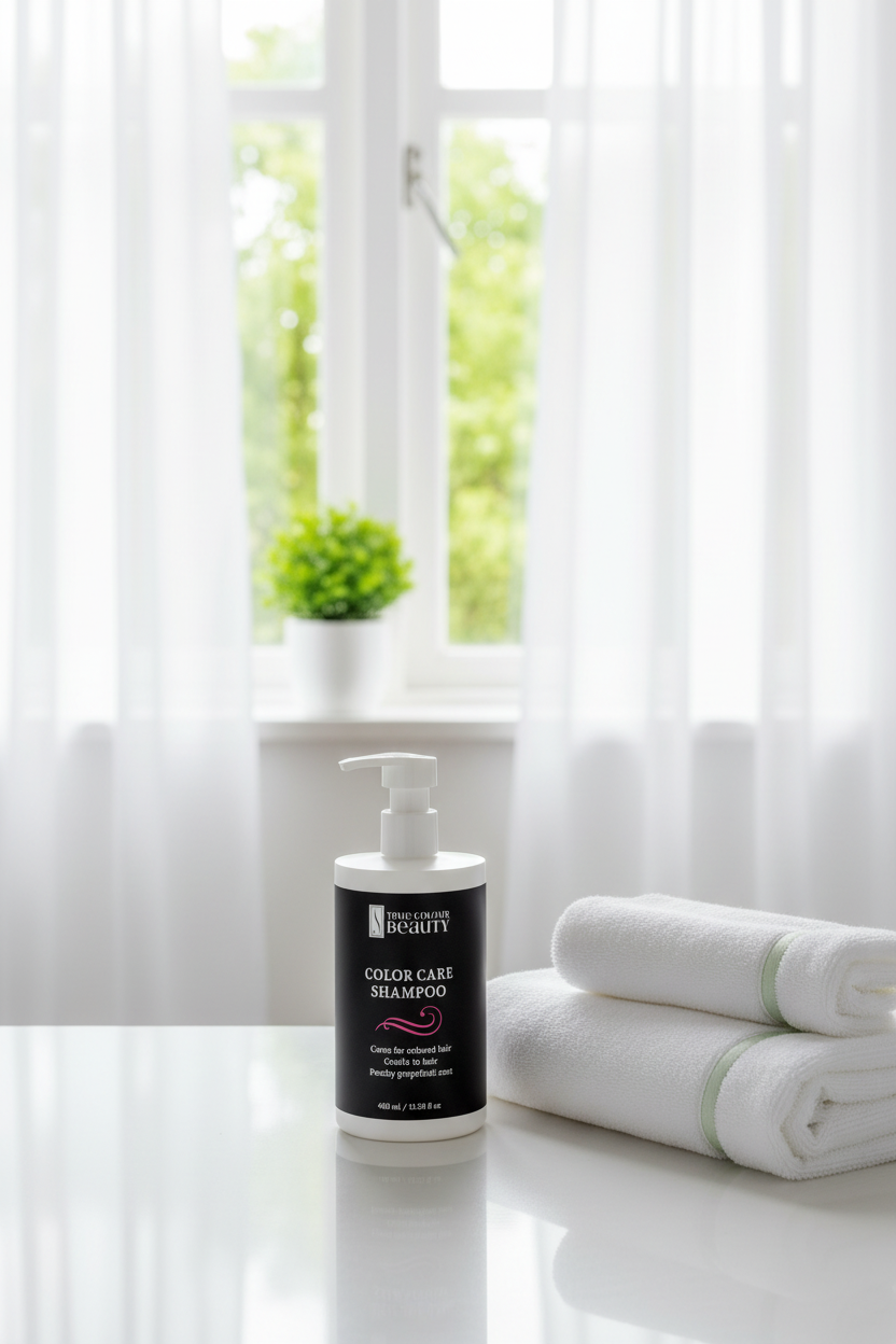 Bathroom counter with plant in window